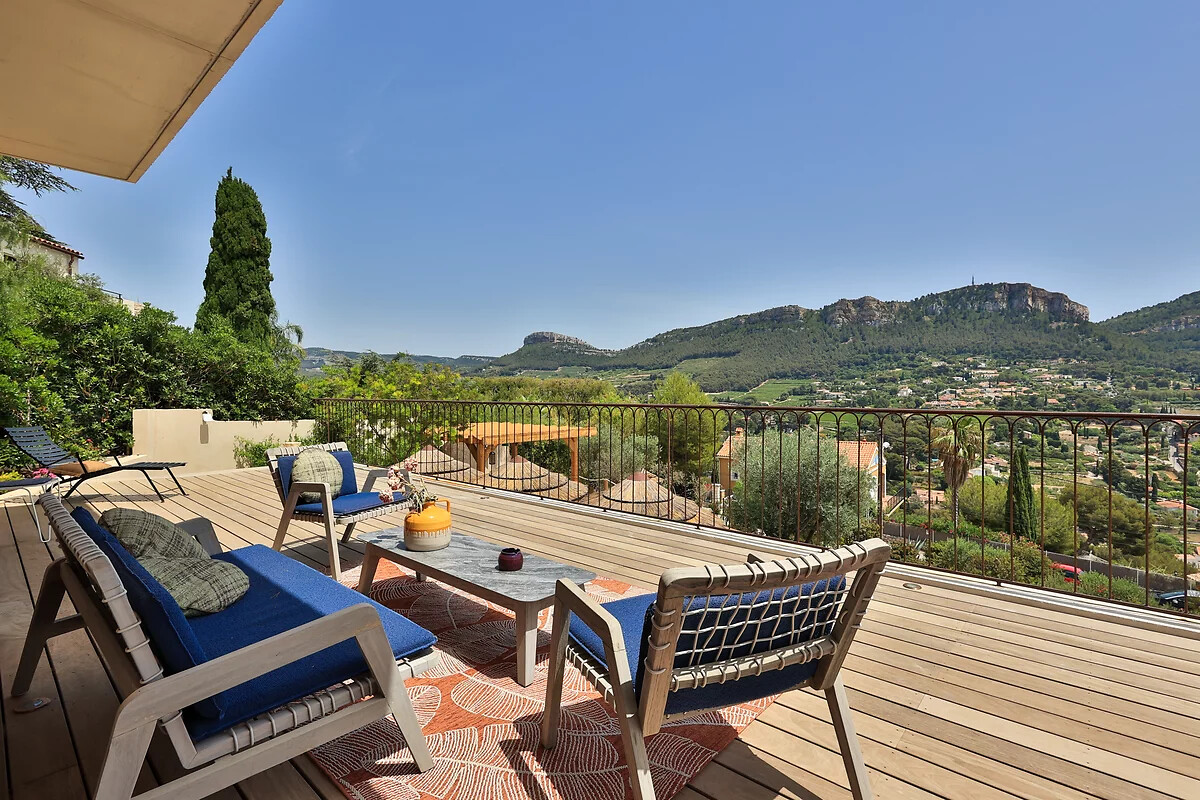 Gervasoni Outdoor-Möbel auf Terrasse mit Aussicht Terrasse mit zwei Sesseln, Sofa und Tisch aus Outdoor-Möbeln von Gervasoni, Blick ins weite Tal.