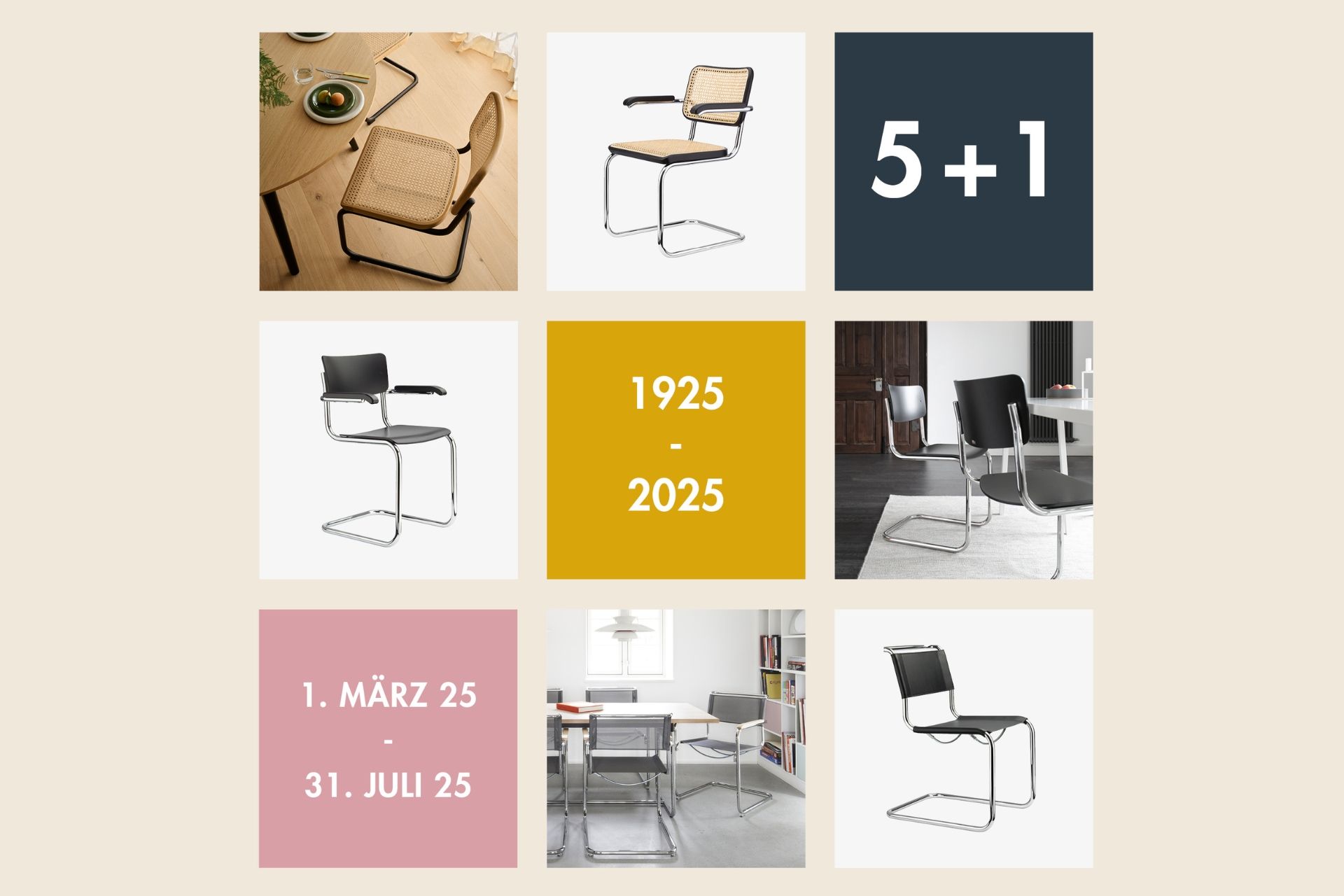 Thonet-Aktion „5+1“ zum Jubiläum 100 Jahre Bauhaus Dessau mit Stahlrohrklassikern aus verschiedenen Jahrzehnten.